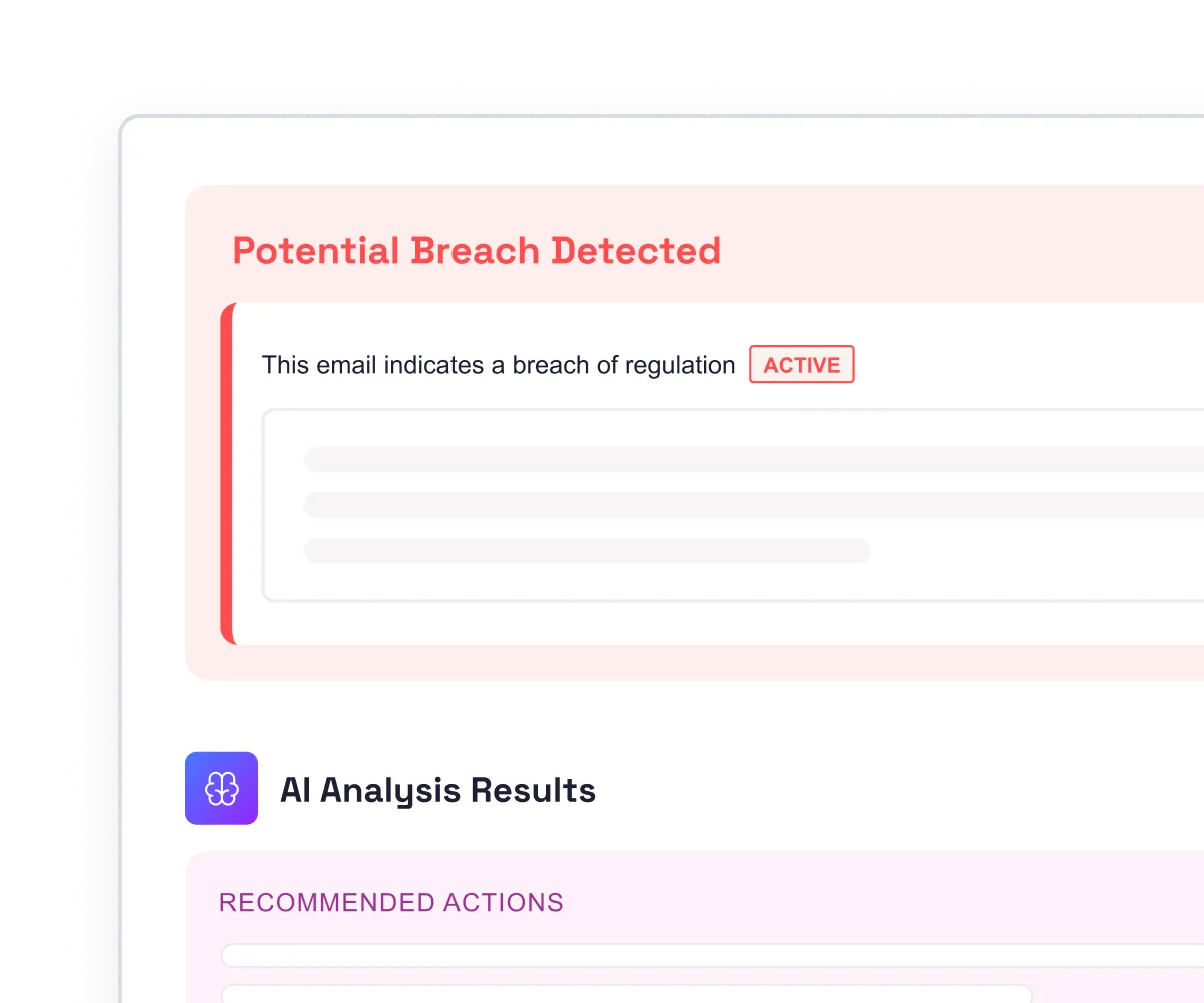 Curium Auto-Detect interface showing a potential breach alert flagged as active, with AI analysis results displaying recommended actions below