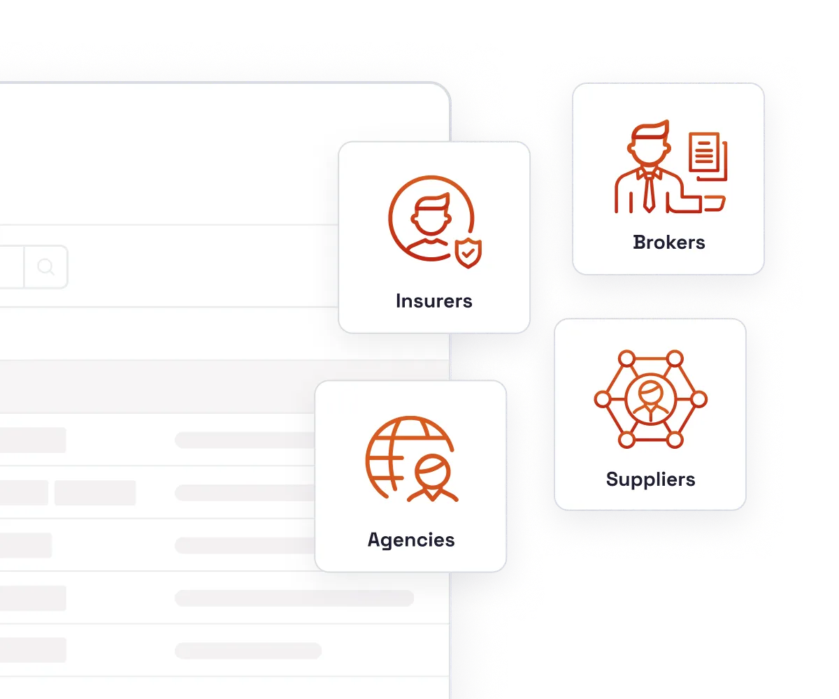 Workspace interface showing user type icons for Insurers, Brokers, and Suppliers