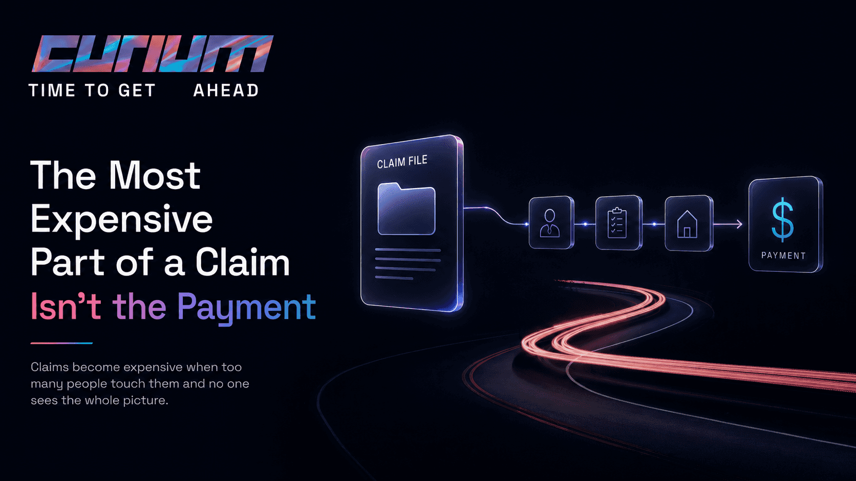 Curium-branded claims graphic showing a claim file moving through multiple touchpoints before payment, illustrating how claims become expensive when too many people are involved and no one sees the full picture.