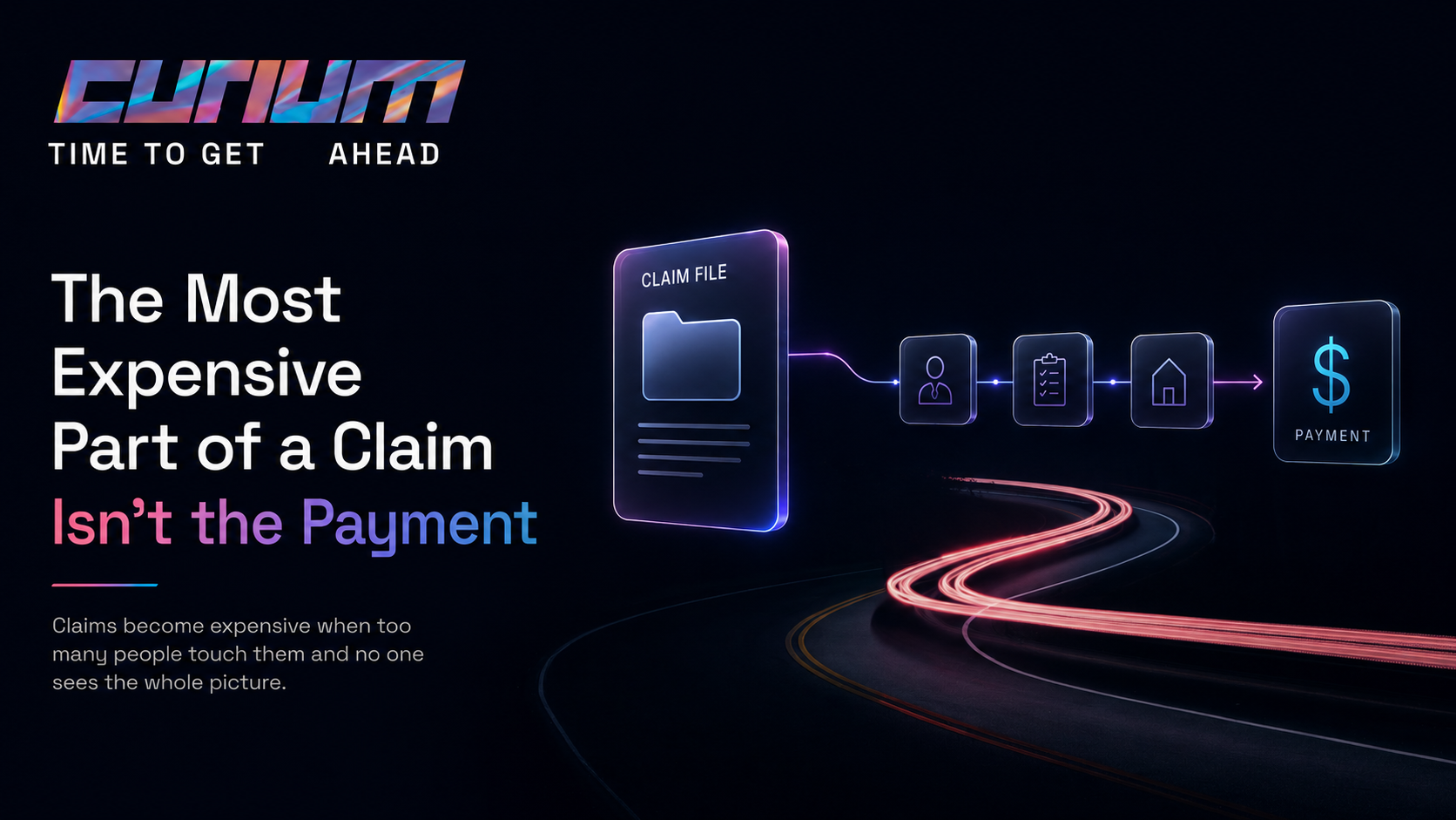 Curium-branded claims graphic showing a claim file moving through multiple touchpoints before payment, illustrating how claims become expensive when too many people are involved and no one sees the full picture.