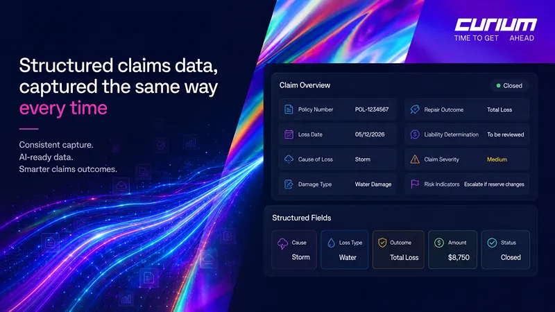 Curium-style claims management interface showing structured claim fields including policy number, loss date, cause of loss, damage type, repair outcome, liability determination, claim severity, and risk indicators