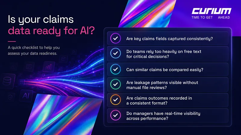 Checklist graphic asking whether claims data is ready for AI, including consistent claims fields, reduced reliance on free text, comparable claims, visible leakage patterns, consistent outcomes, and real-time management visibility