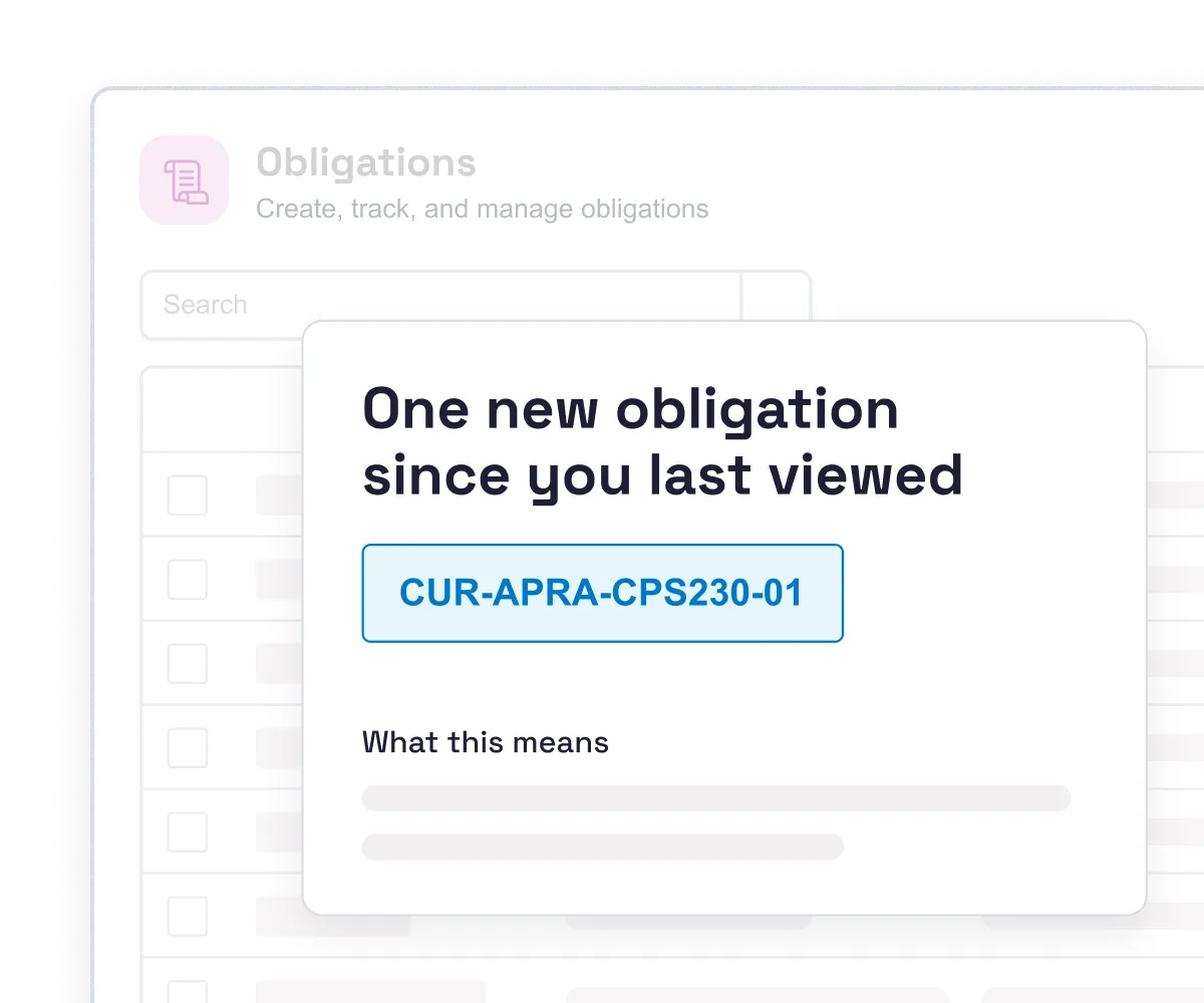 Obligations management interface with notification highlighting one new regulatory obligation since last viewed