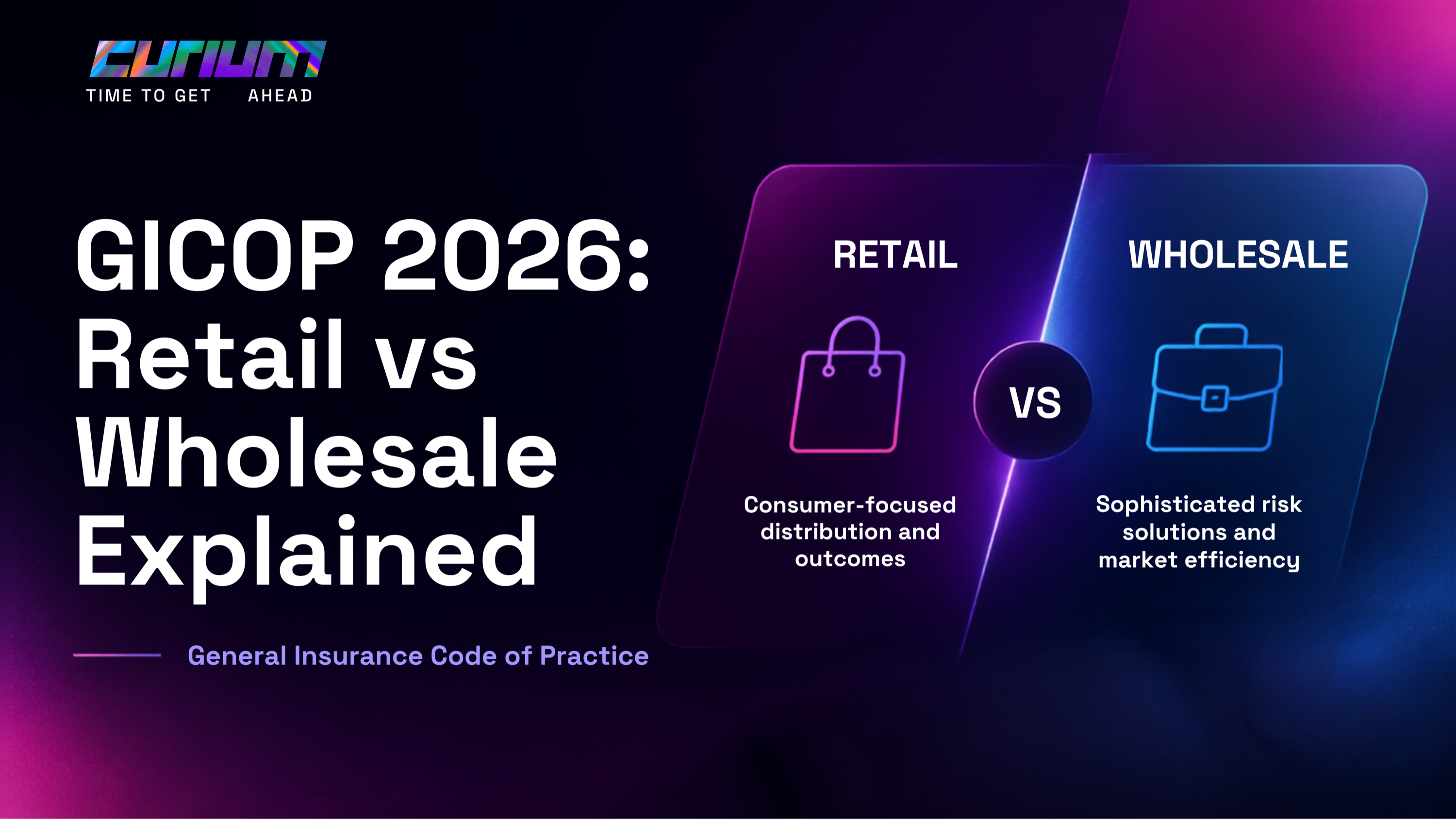 Curium-branded hero image titled “GICOP 2026: Retail vs Wholesale Explained,” showing retail and wholesale insurance comparison panels with business-style icons and a dark purple-blue gradient background.