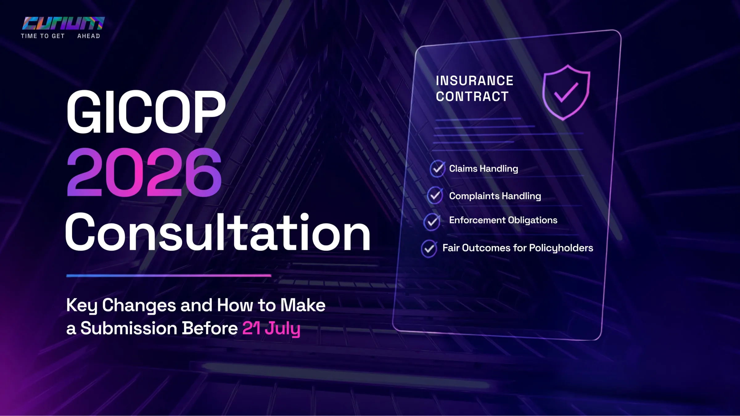 Hero image for Curium article on GICOP 2026 consultation, featuring a clean purple and pink neon-style background with a modern corporate look and headline about key GICOP changes and submissions before 21 July.
