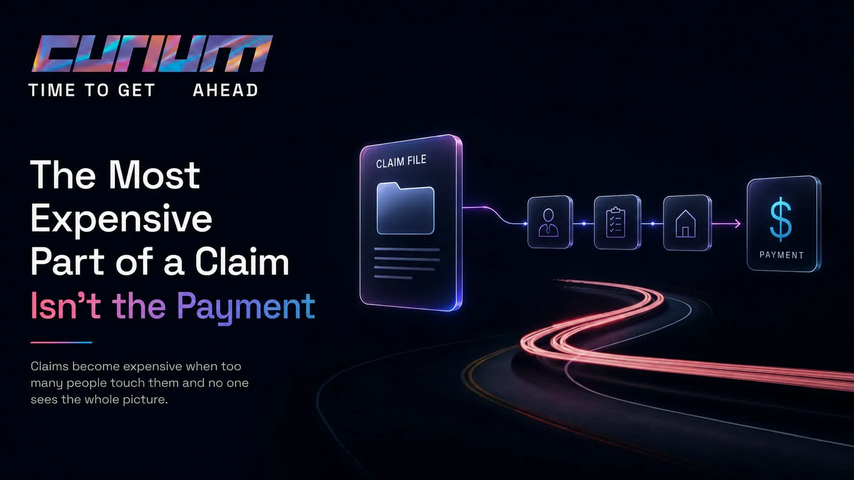Curium-branded claims graphic showing a claim file moving through multiple touchpoints before payment, illustrating how claims become expensive when too many people are involved and no one sees the full picture.