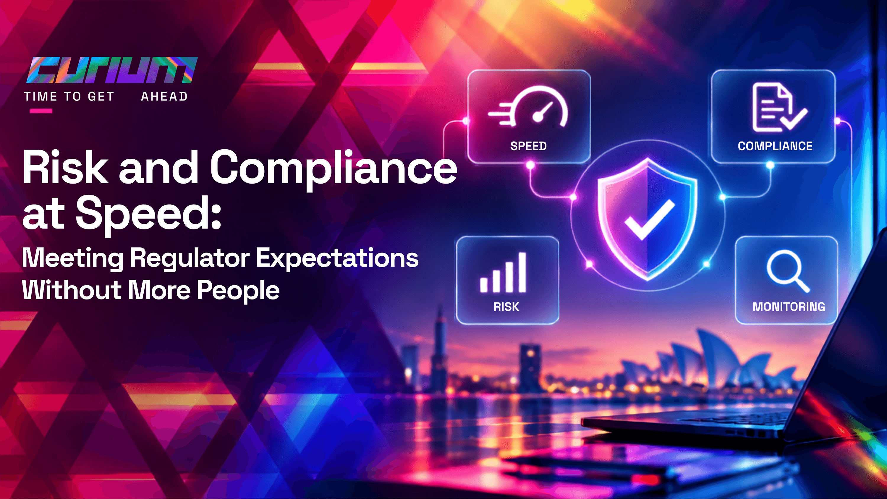 Curium hero graphic for “Risk and Compliance at Speed,” featuring bold neon icons for speed, compliance, risk and monitoring against a vibrant pink, purple and blue background.