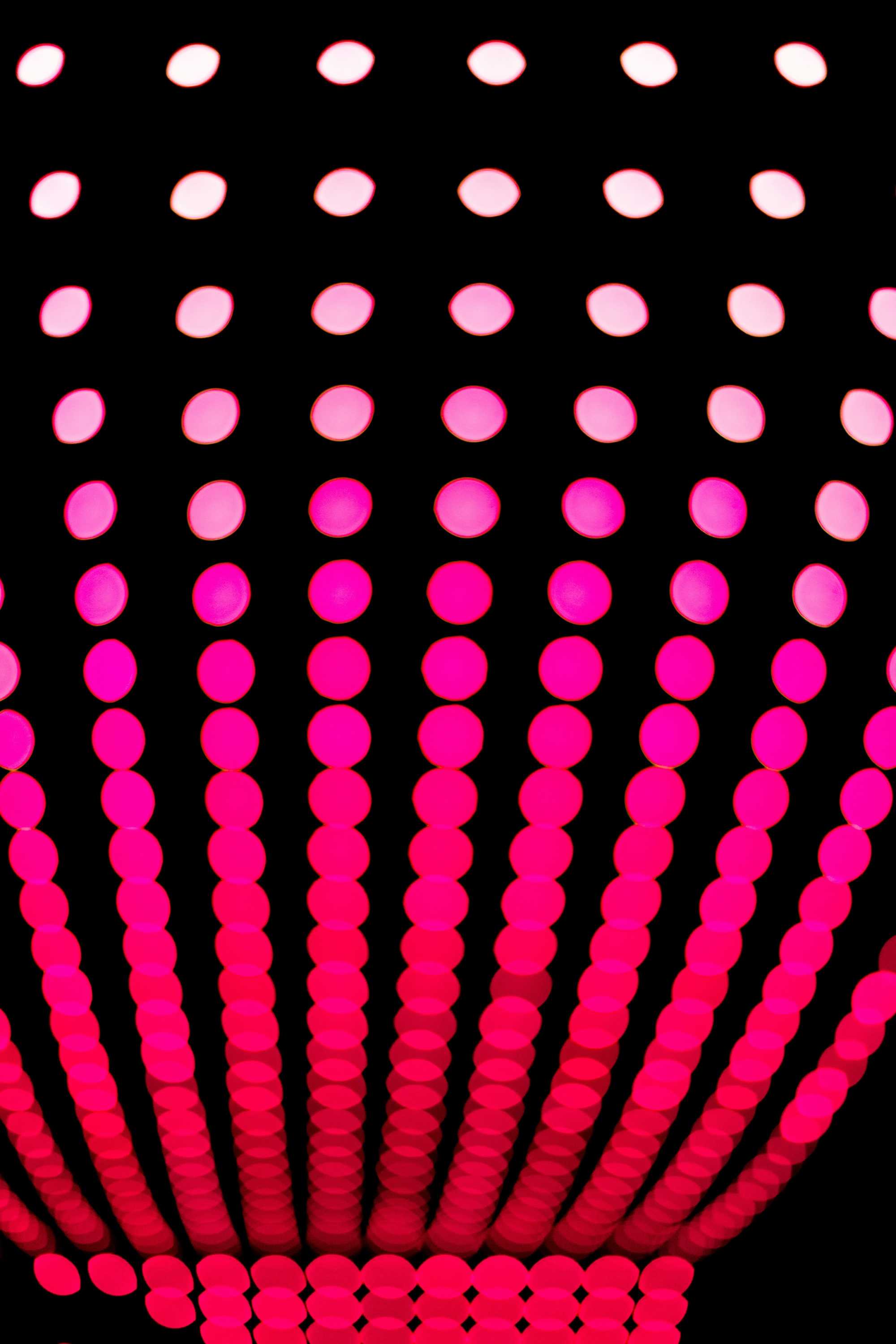 Abstract pattern of bright pink dots radiating upward in curved rows against a black background.
