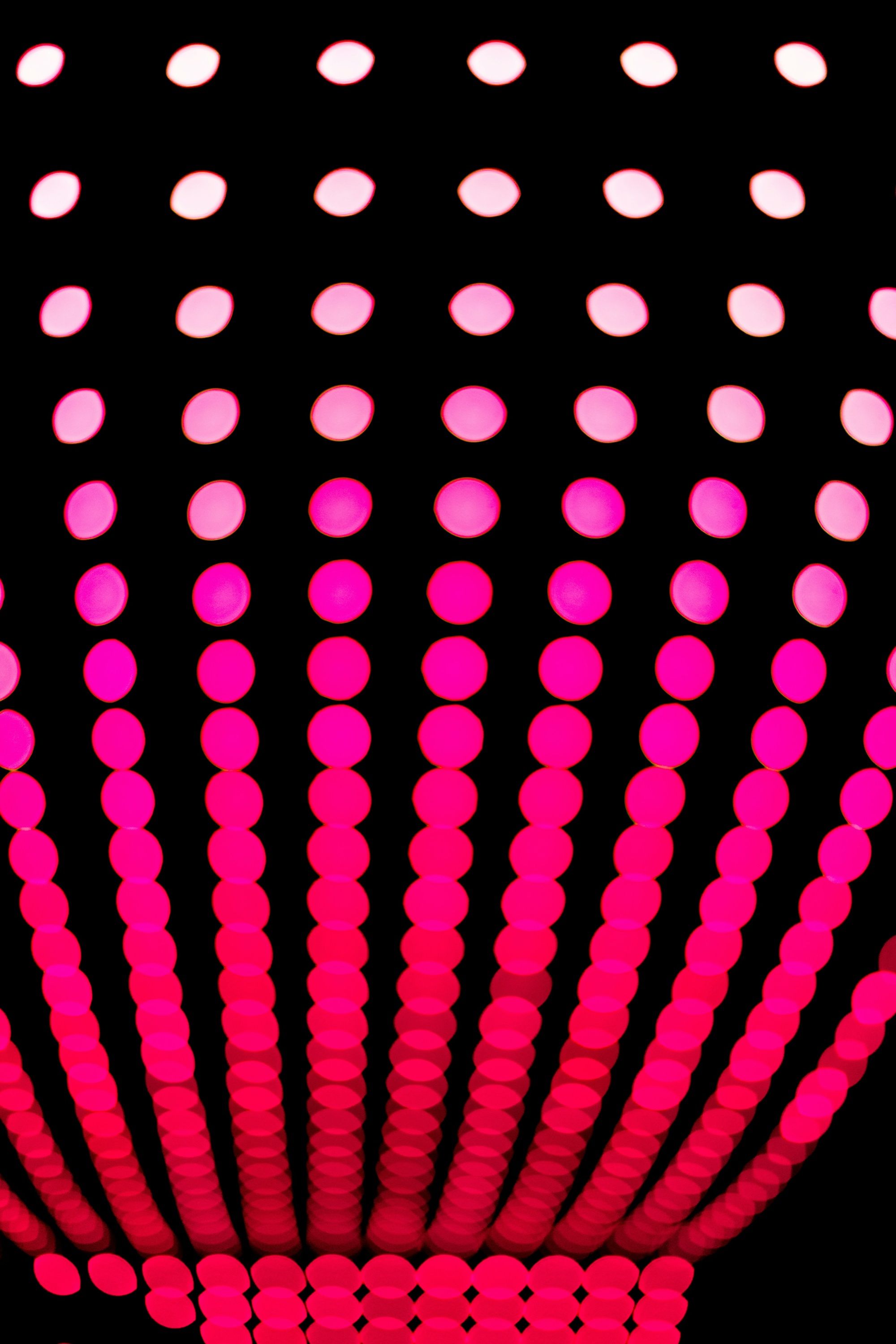 Abstract pattern of bright pink dots radiating upward in curved rows against a black background.