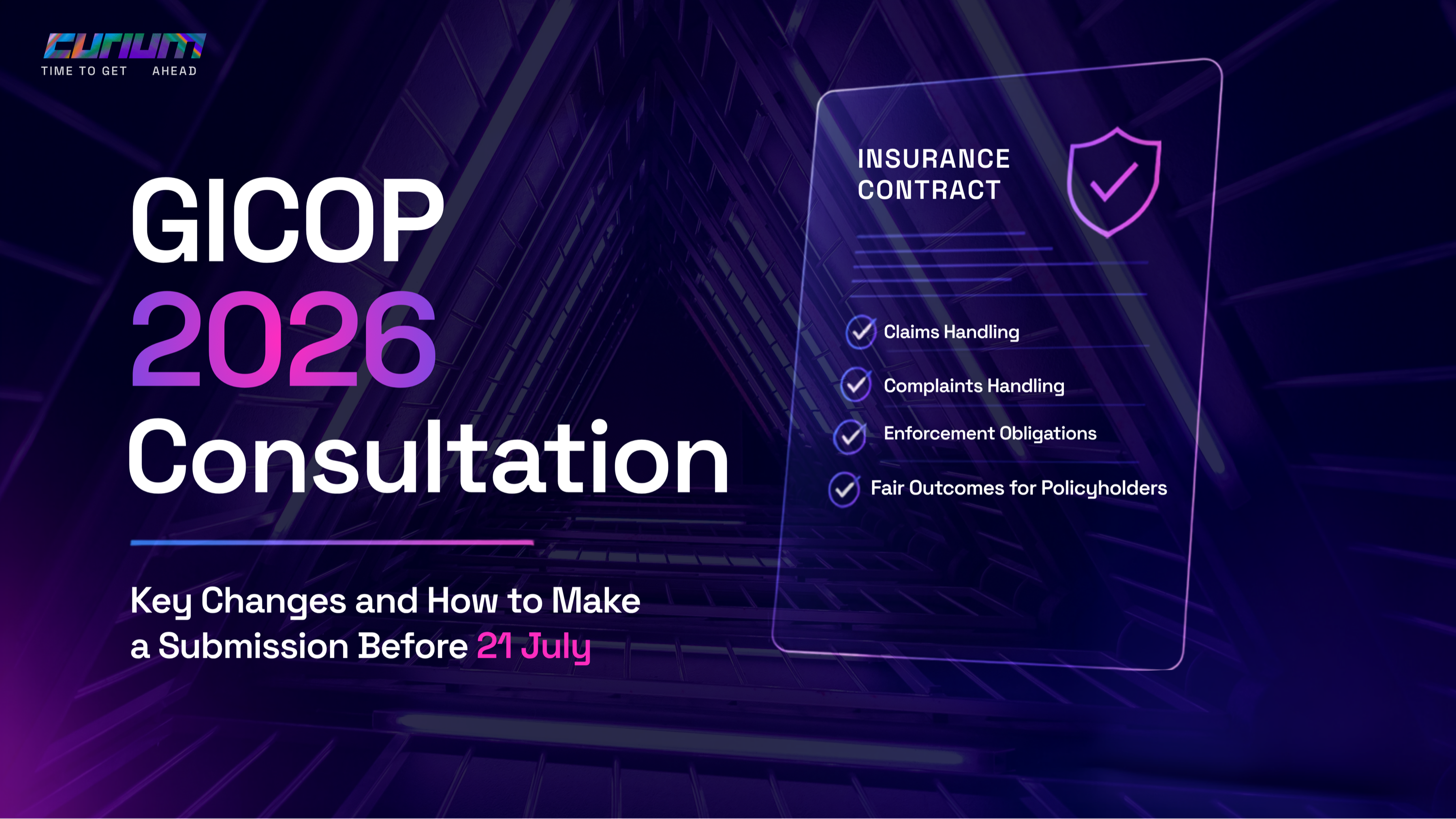Hero image for Curium article on GICOP 2026 consultation, featuring a clean purple and pink neon-style background with a modern corporate look and headline about key GICOP changes and submissions before 21 July.