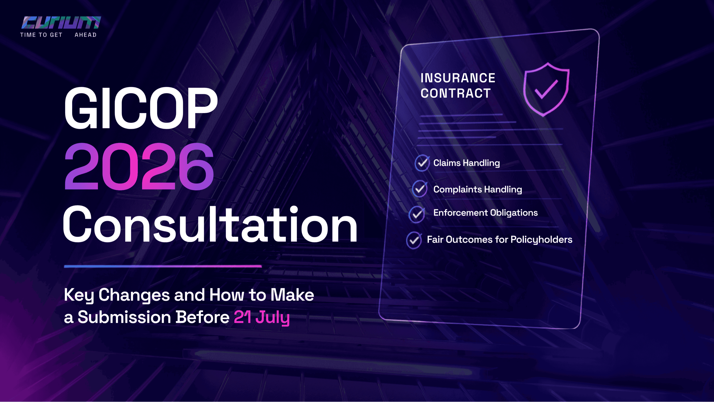 Hero image for Curium article on GICOP 2026 consultation, featuring a clean purple and pink neon-style background with a modern corporate look and headline about key GICOP changes and submissions before 21 July.