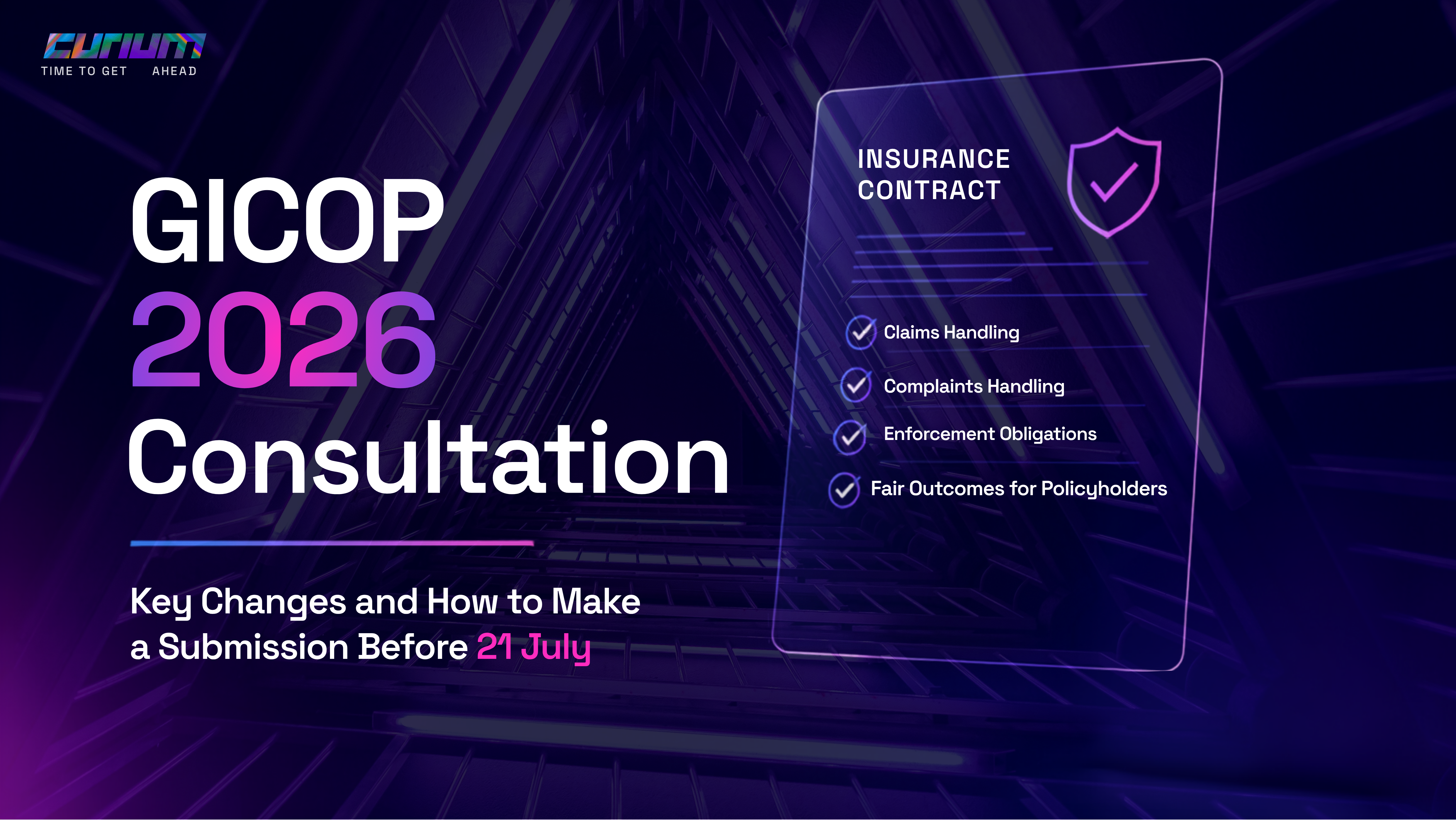 Hero image for Curium article on GICOP 2026 consultation, featuring a clean purple and pink neon-style background with a modern corporate look and headline about key GICOP changes and submissions before 21 July.