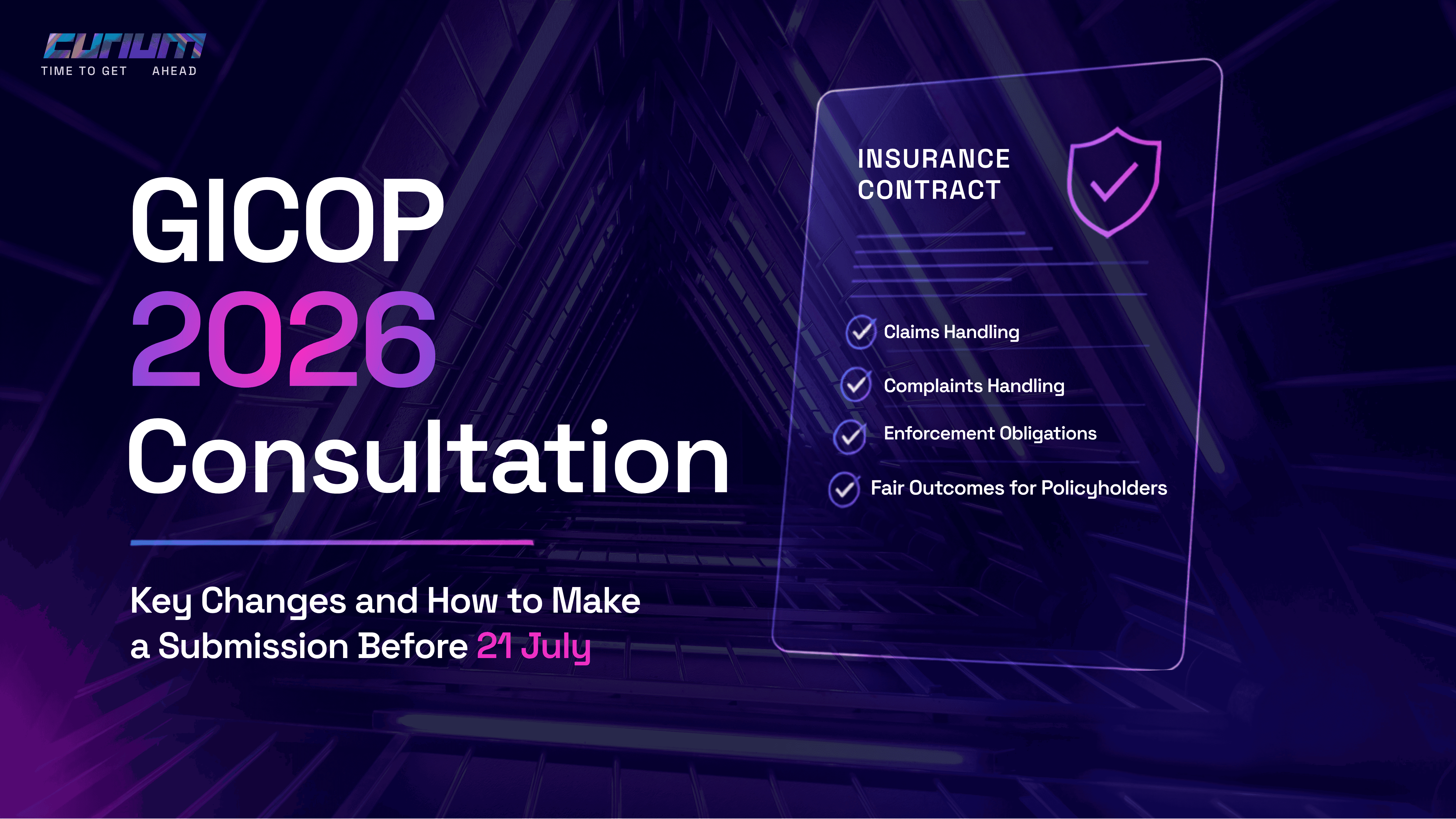 Hero image for Curium article on GICOP 2026 consultation, featuring a clean purple and pink neon-style background with a modern corporate look and headline about key GICOP changes and submissions before 21 July.